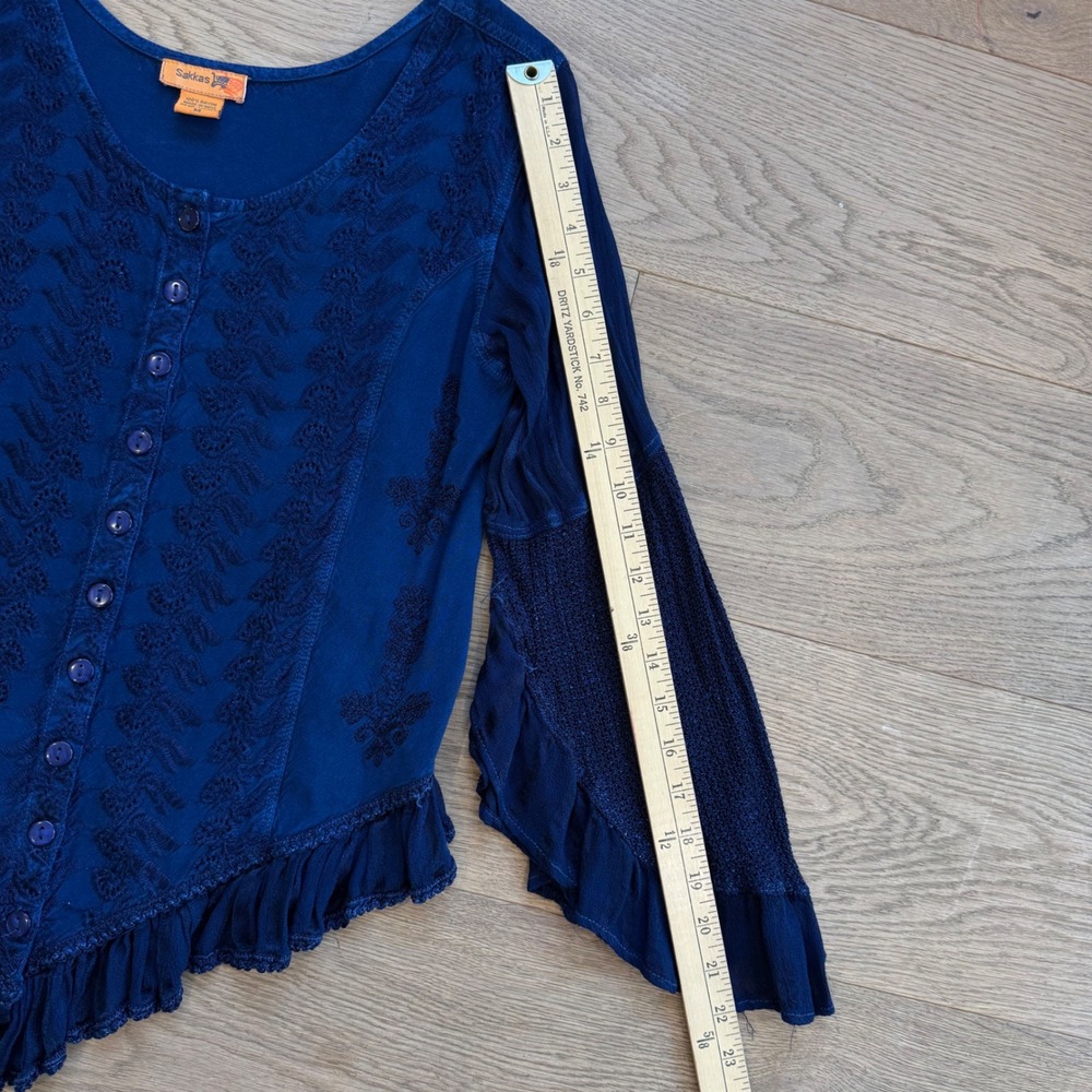 Sakkas Womens Boho Embroidered Bell Sleeve Button Down Blouse Navy Blue Medium - Picture 8 of 10
